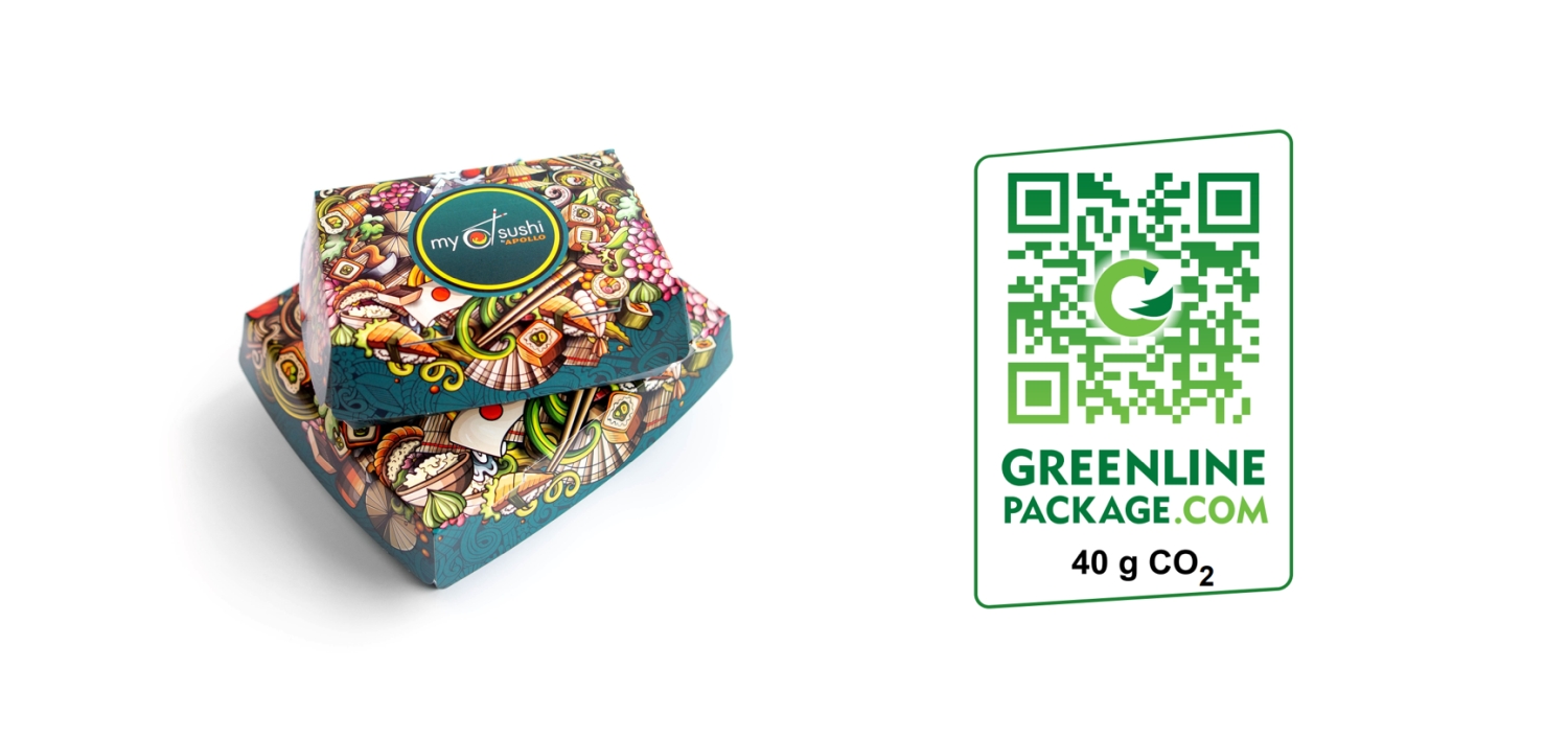 Kroonpak sushi packaging, Greenline Print CO2 footprint label, MySushi
