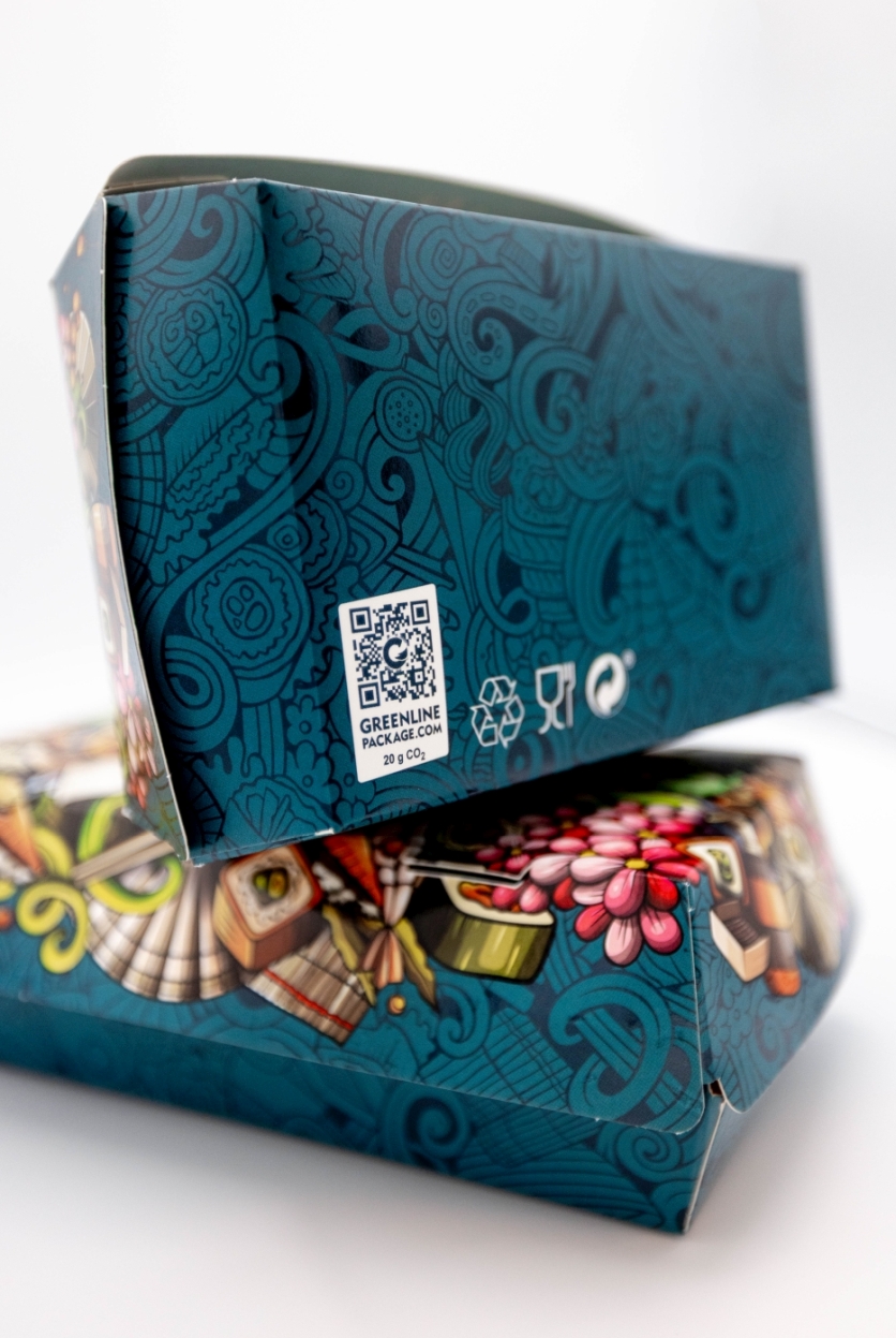 Kroonpak sushi packaging, Greenline Print CO2 footprint label, MySushi